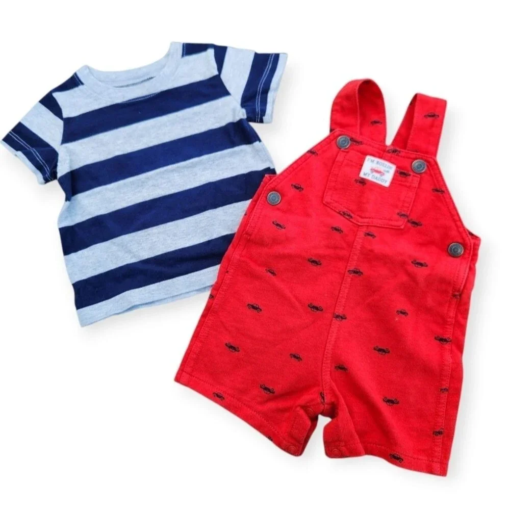 2-Piece Carter's Baby Red shortalls Overalls Striped T-Shirt Kids 12 Months